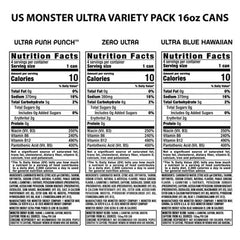 Monster Energy Ultra VP, Zero Ultra, Ultra Blue Hawaiian, Ultra Punk Punch, Energy Drink - 12pk/16 fl oz
